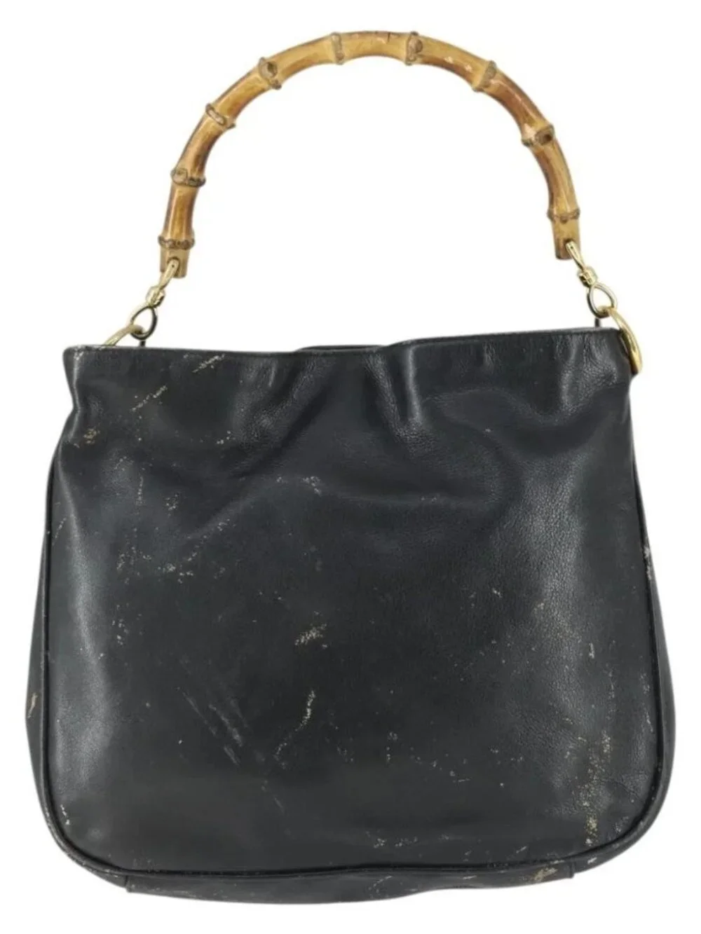 GUCCI Bamboo Hand Bag Leather Black Gold Auth 170494